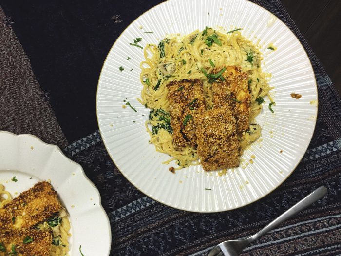 parmesan crusted tofu with mushroom and spinach pasta
