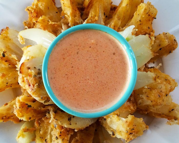 vegan blooming onion with dipping sauce