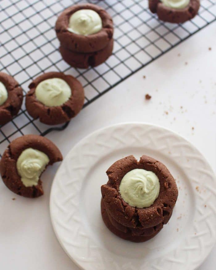 CHOCOLATE THUMBPRINT COOKIES WITH MATCHA CREAM FILLING