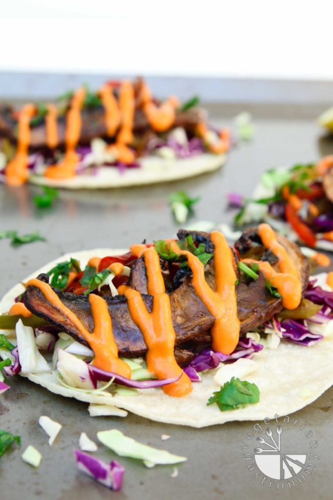 ROASTED BALSAMIC PORTOBELLO TACOS WITH SPICY RED PEPPER SAUCE