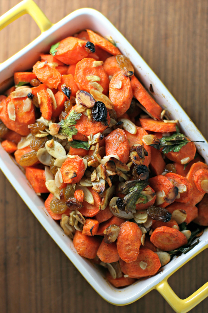 Roasted Spiced Carrots with Golden Raisins and Almonds